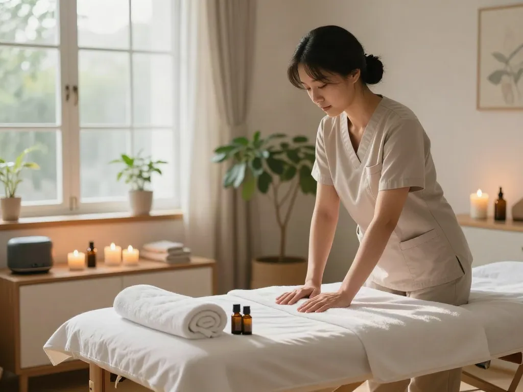 Professional therapist preparing for 용산출장마사지 in a calming home environment.