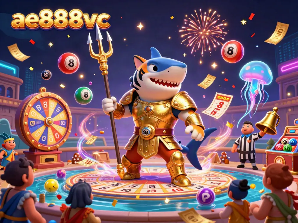 Celebrate with ae888vc's thrilling underwater casino scene featuring a tiger shark in gladiator armor.