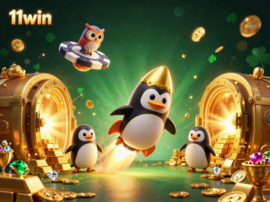 Win big with 11win in a vibrant 3D casino scene featuring gold and gems.