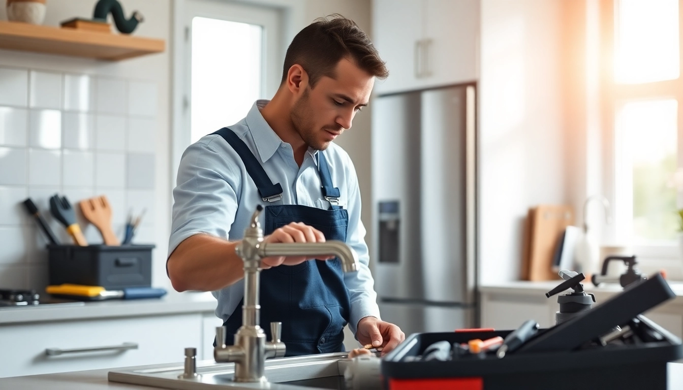 Find a reliable plumber near me installing fixtures in a modern kitchen, showcasing expert skills.
