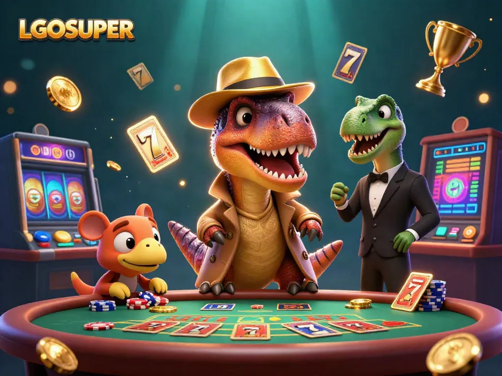 LGOSUPER brings excitement, showcasing a velociraptor card counter at a blackjack table amidst dynamic gaming elements.