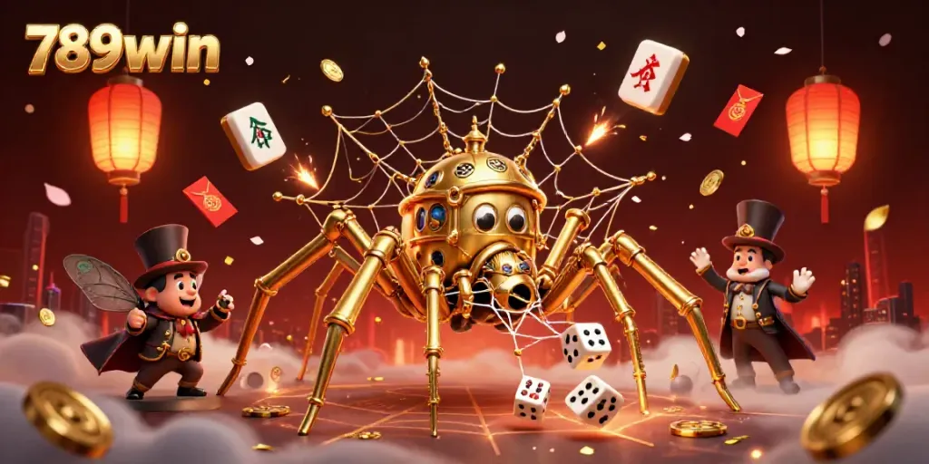Engage with 789win's unique gaming universe featuring a steampunk spider and vibrantly animated elements.