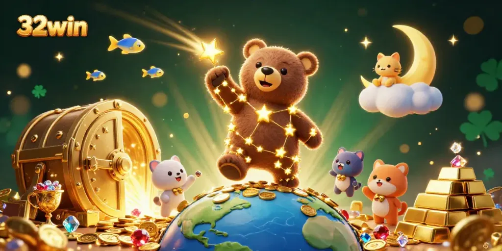 Experience gaming magic with the captivating scene of 32win featuring a constellation bear and treasure.