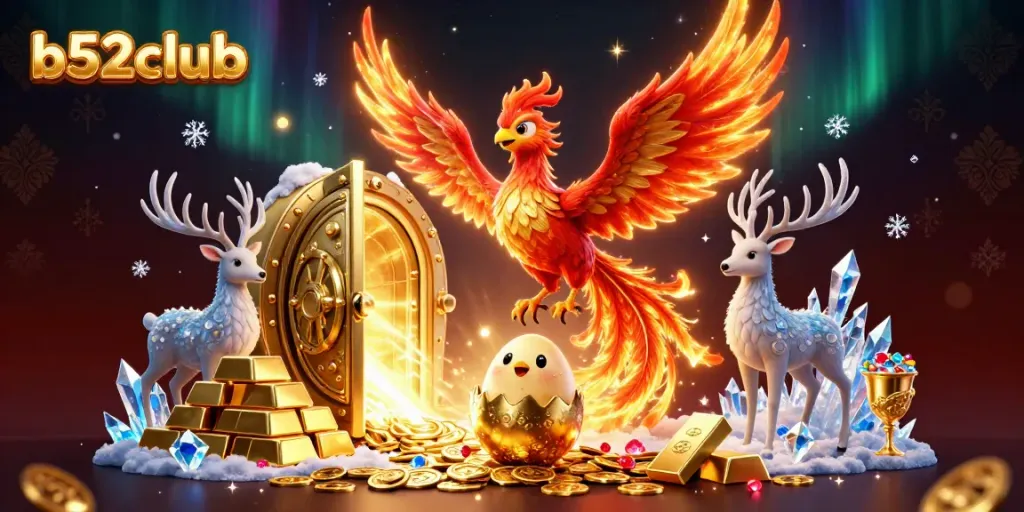 Experience thrilling gameplay and excitement at b52club with a vibrant 3D illustration showcasing gaming elements and treasures.