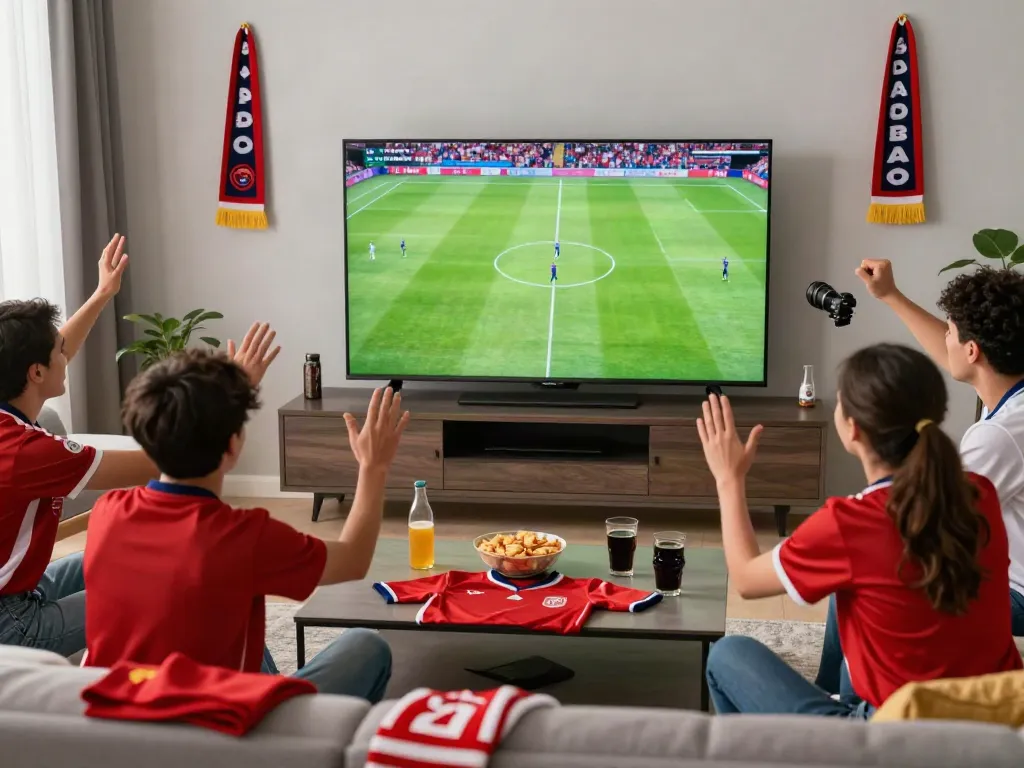 Football fans enjoying a live match on Cakhiatv, surrounded by snacks and jerseys.