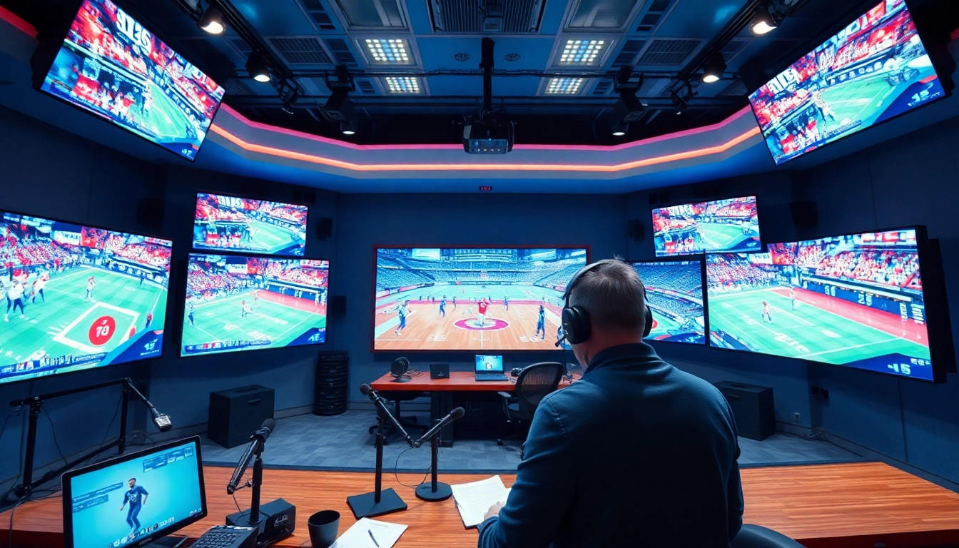 Engaging sports broadcasting setup showcasing live sports action with commentators in action.