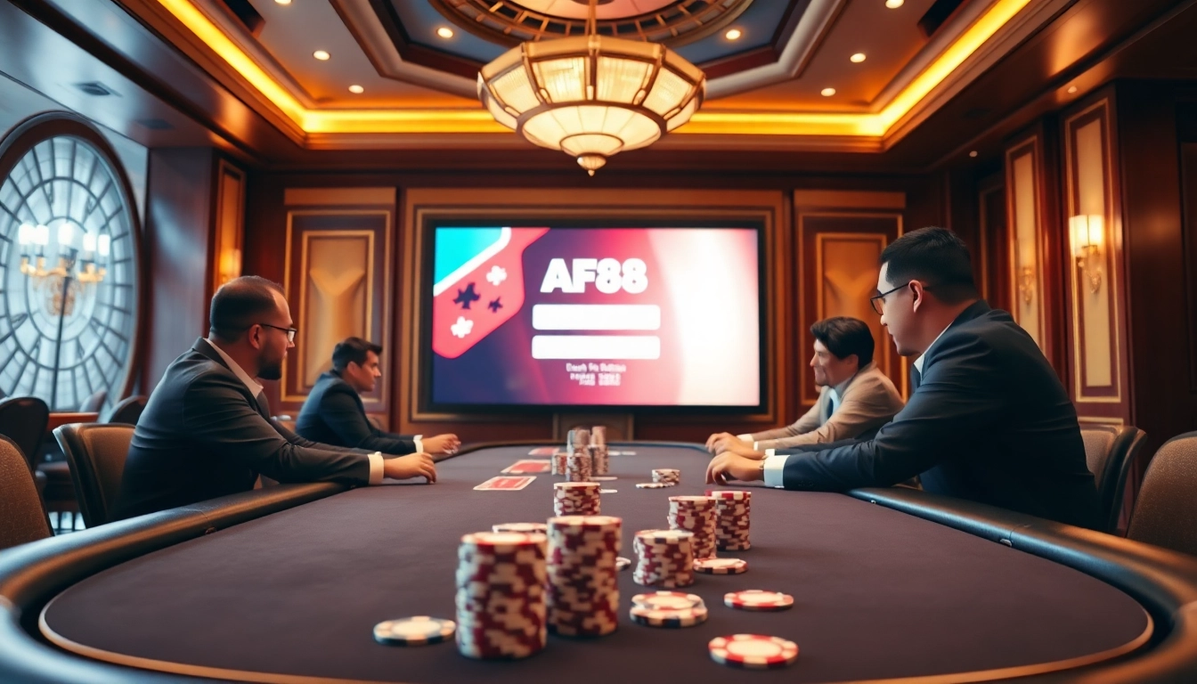 AF88 đăng nhập on a stylish poker table surrounded by vibrant casino elements.