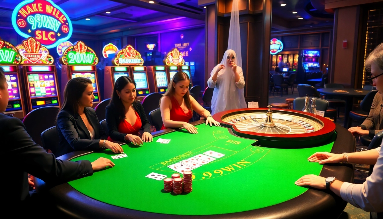 Intense blackjack game scene at 99win, with players surrounded by vibrant casino elements.
