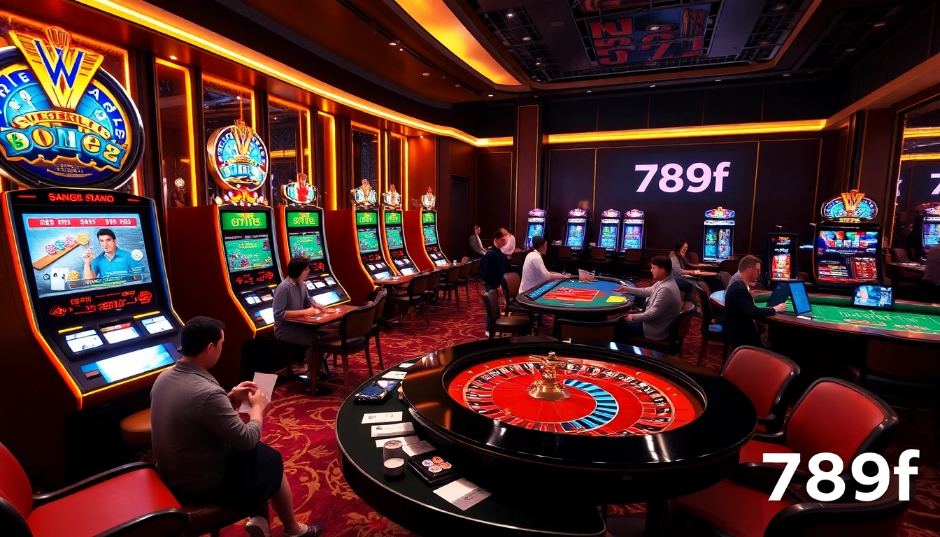 Players enjoying thrilling games at the 789f casino, showcasing slots, roulette, and poker chips in an elegant atmosphere.