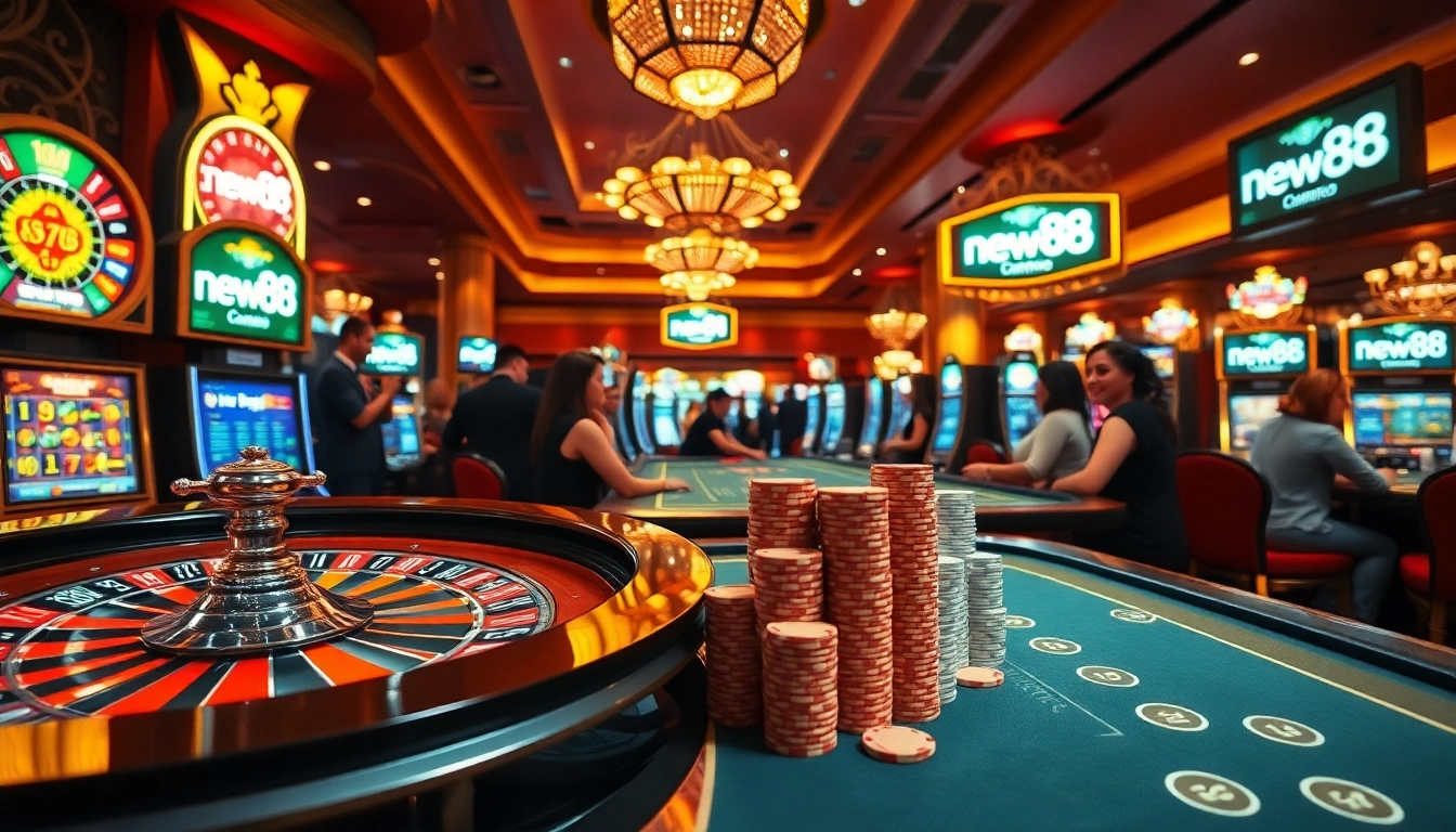 An immersive casino experience with players engaging at new88 roulette and slot machines, expressing excitement and luxury.