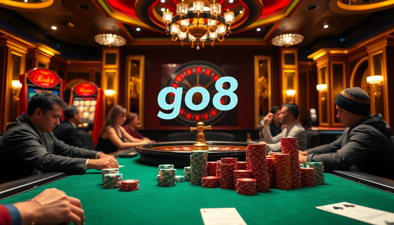 High-stakes poker action at a luxurious casino table showcasing go8 gambling excitement.