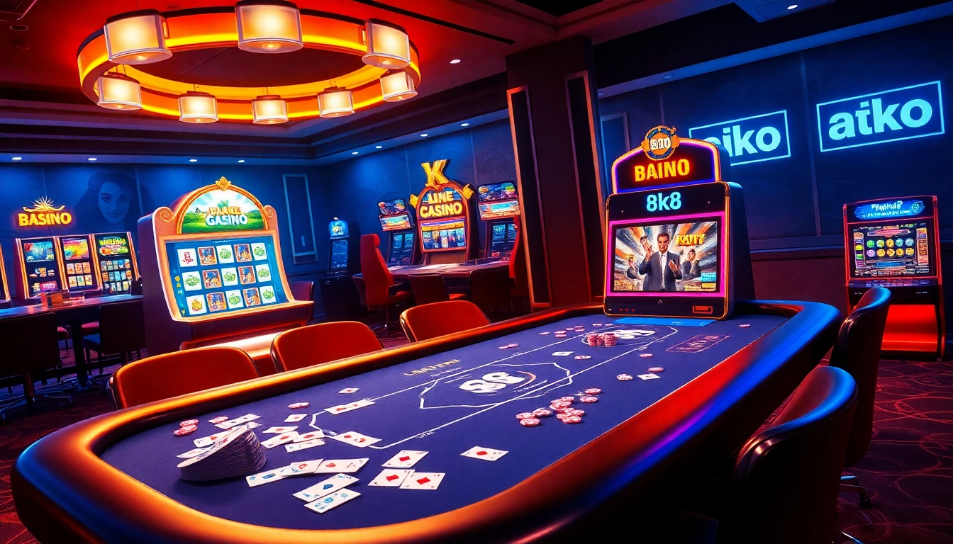 8k8 online gambling scene with poker tables and vibrant slot machines, capturing excitement and luxury.