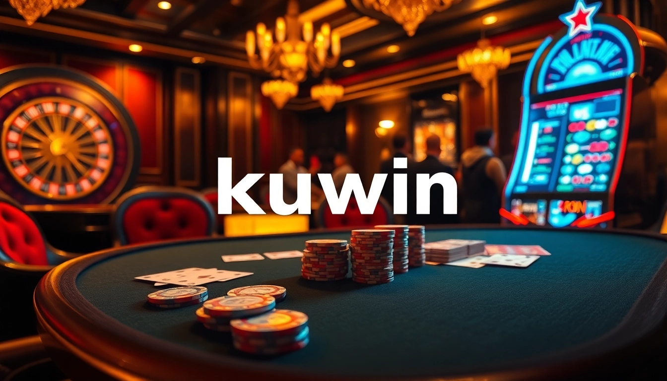 Kuwin poker table scene with chips and cards in a luxurious casino setting