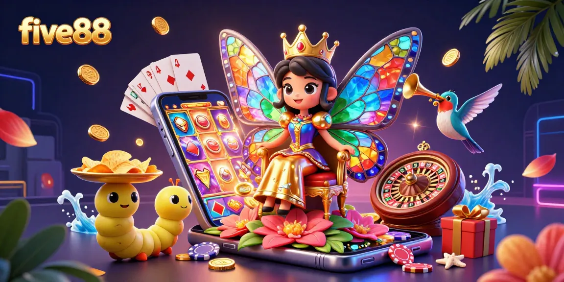 Experience the excitement of five88 with a vibrant casino illustration showcasing games and entertainment elements.