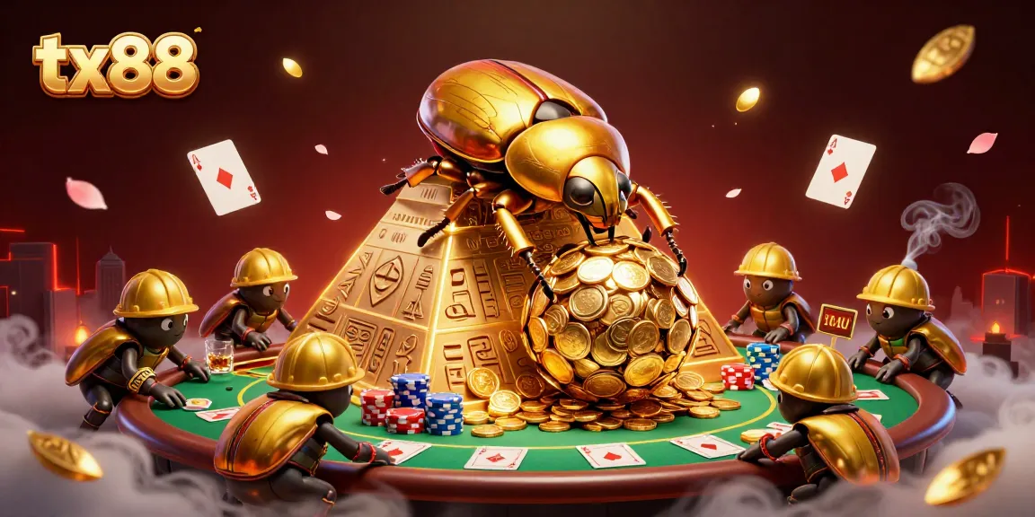 Engage in thrilling gameplay with tx88, featuring golden beetles rolling riches in a vibrant casino atmosphere.