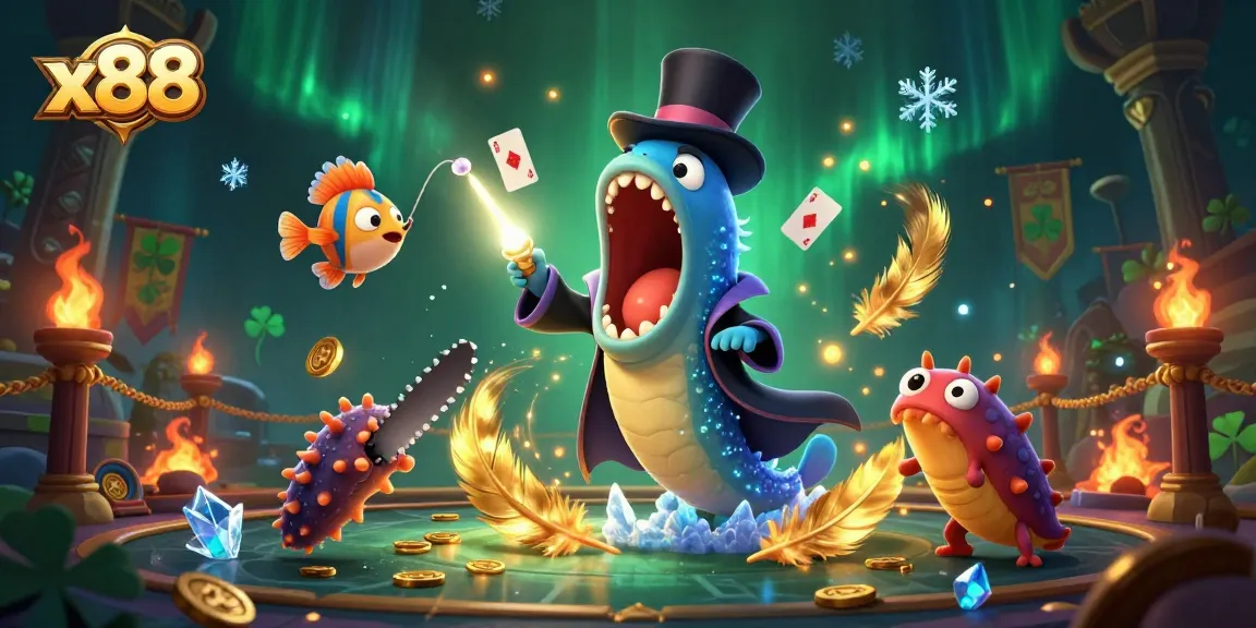 x88 engages players with a magical casino scene featuring a deep-sea eel performing card tricks amidst shimmering gold coins.
