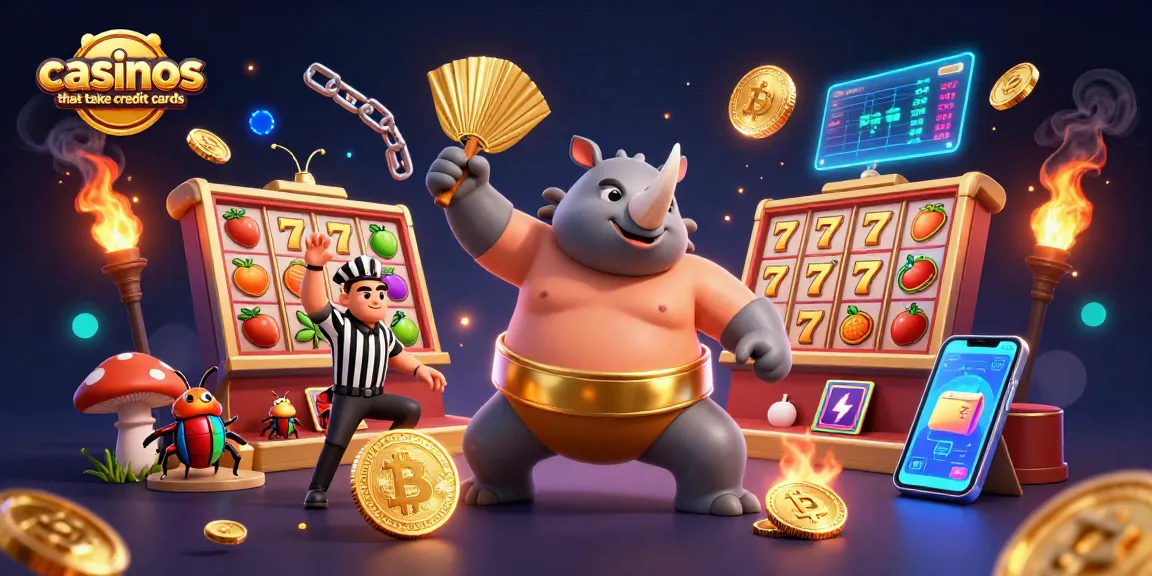 Experience excitement at casinos that take credit cards with a 3D beetle showdown featuring golden coins and slot reels.