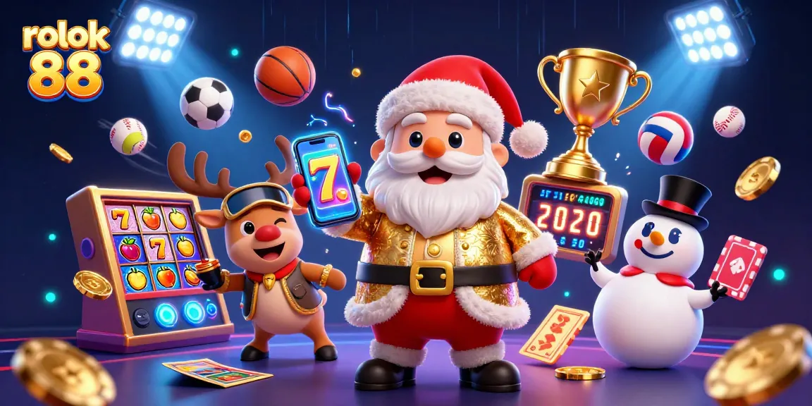 Win big with rokok 88 in this vibrant casino scene featuring Santa, sports elements, and jackpot excitement.
