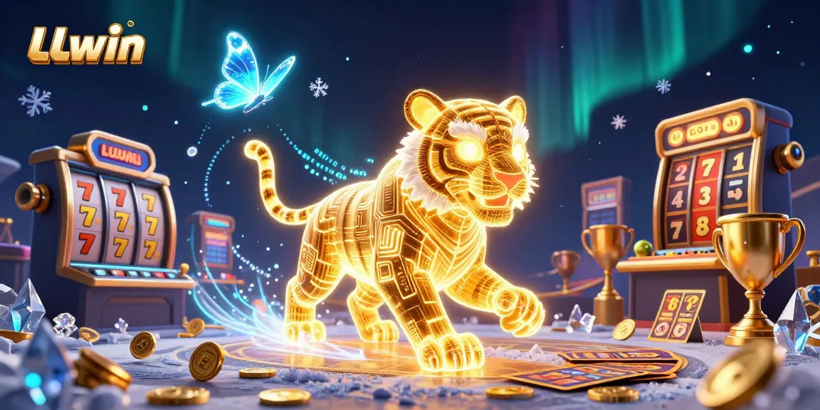 LLwin showcases a vibrant casino adventure with a golden tiger amidst slot reels and glowing jackpot symbols.