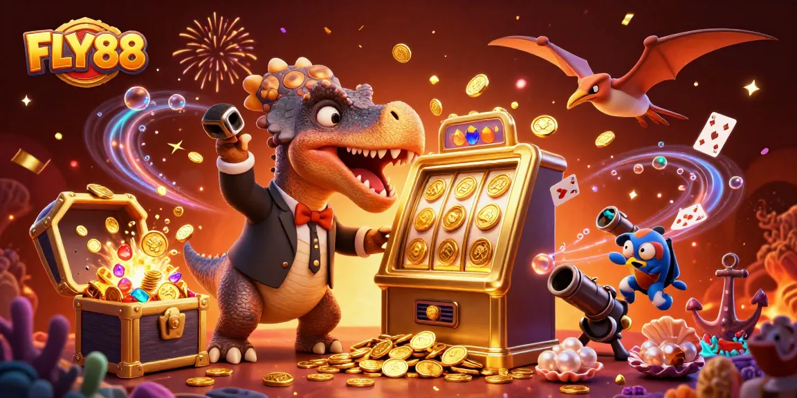 FLY88 showcases a thrilling jackpot scene with vibrant characters, enhancing the gambling atmosphere.