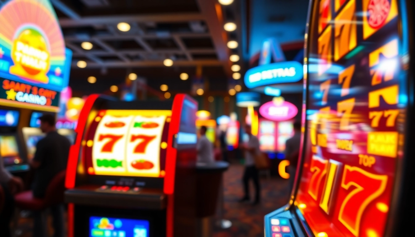 Slot gacor yang menyala di kasino dengan simbol berwarna-warni dan pemain beraksi di latar belakang.