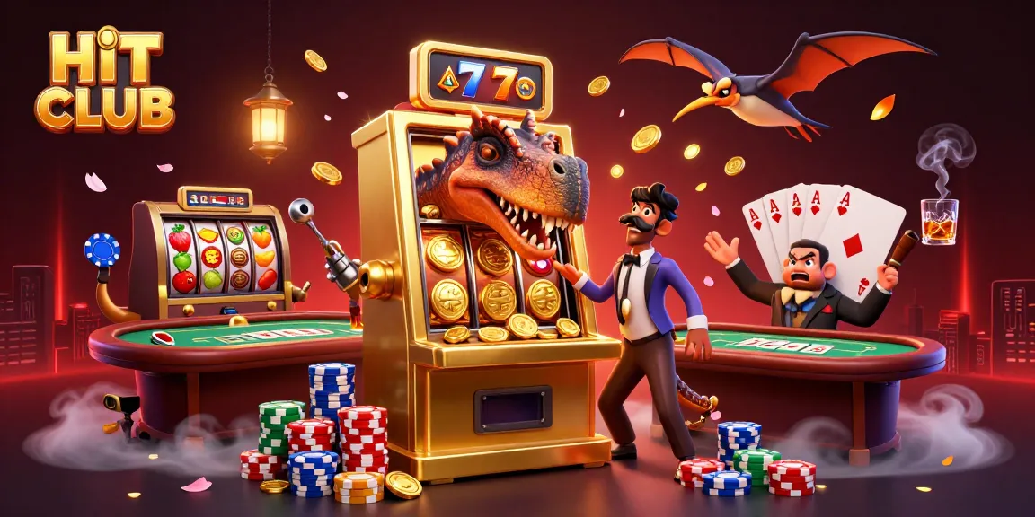 HIT CLUB jackpot scene with a pachycephalosaurus winning coins and dynamic casino elements.