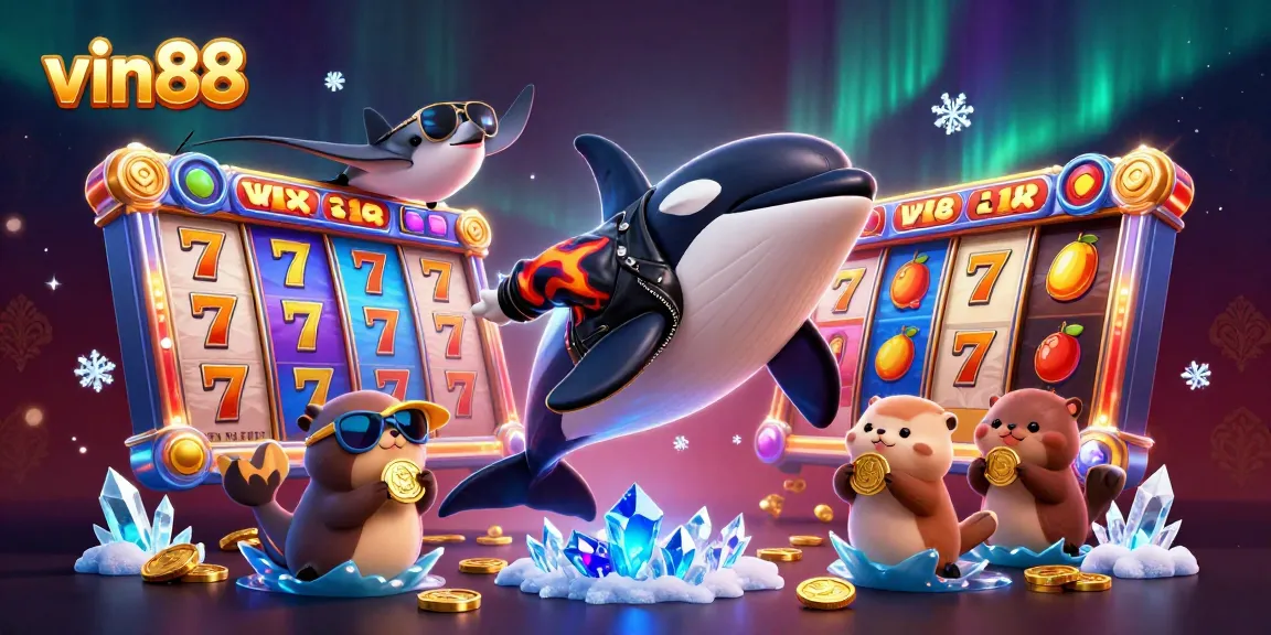 Experience vibrant casino action with vin88 featuring an orca, stingray, and otters amidst dynamic slot elements.