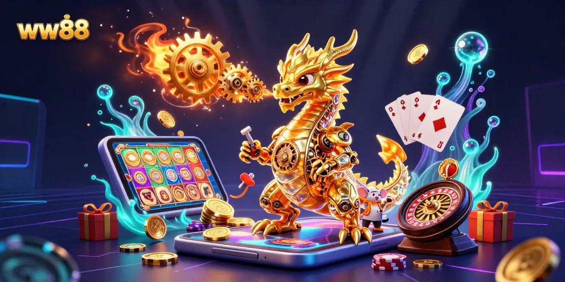 Immerse in the thrilling world of ww88 with a vibrant 3D casino scene filled with games and excitement.