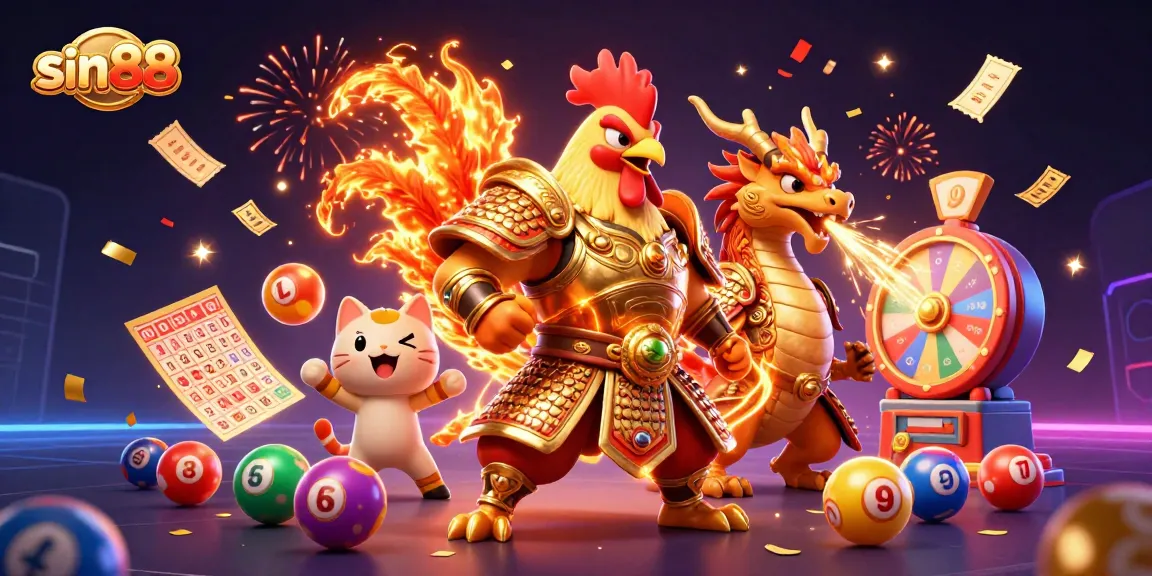 Experience thrilling gameplay at sin88 with a vibrant scene featuring a fighting rooster and a dragon hatchling surrounded by lottery elements.