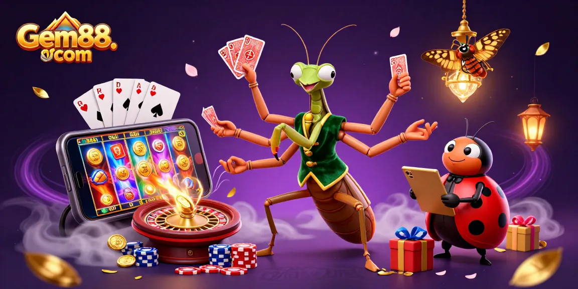 Exciting scene illustrating Gem88. com with a giant mantis card sharp and a ladybug boss amidst vibrant casino action.