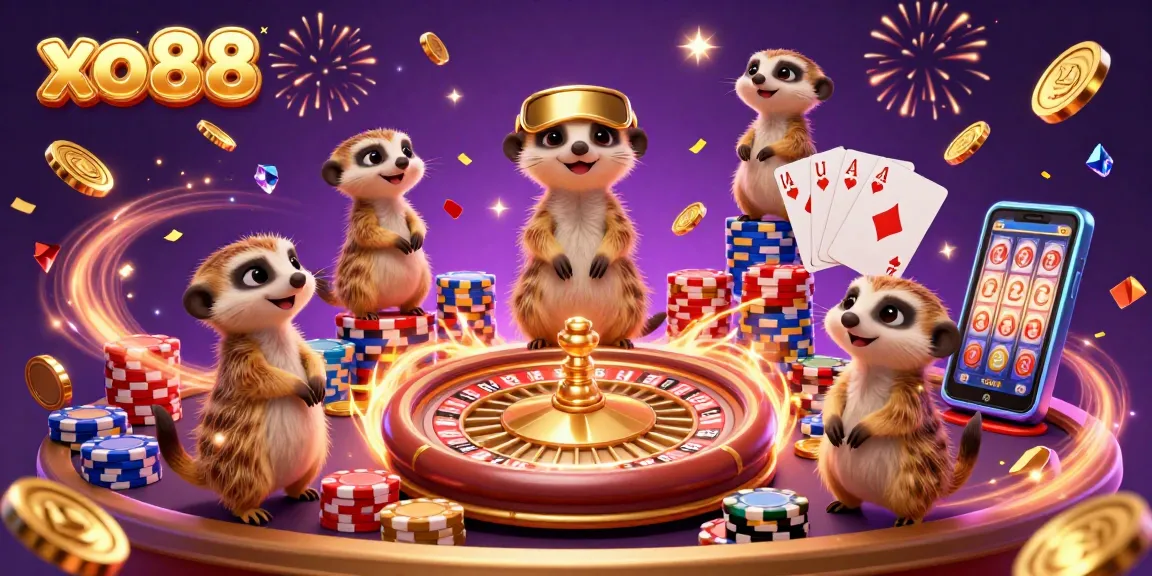 Experience the excitement of xo88 with cartoon meerkats running a colorful casino, spinning roulette, and lucky chips!