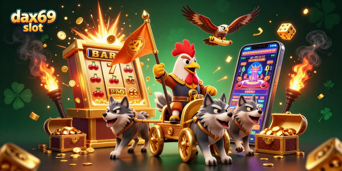 Menggoda peluang menang di dax69 slot dengan ilustrasi karakter 3D dan mesin slot menakjubkan.