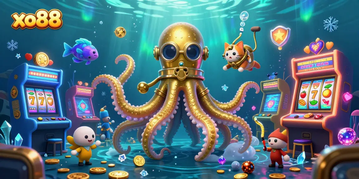 Experience thrilling gaming with xo88 featuring a kraken, diving cat, and casino elements.