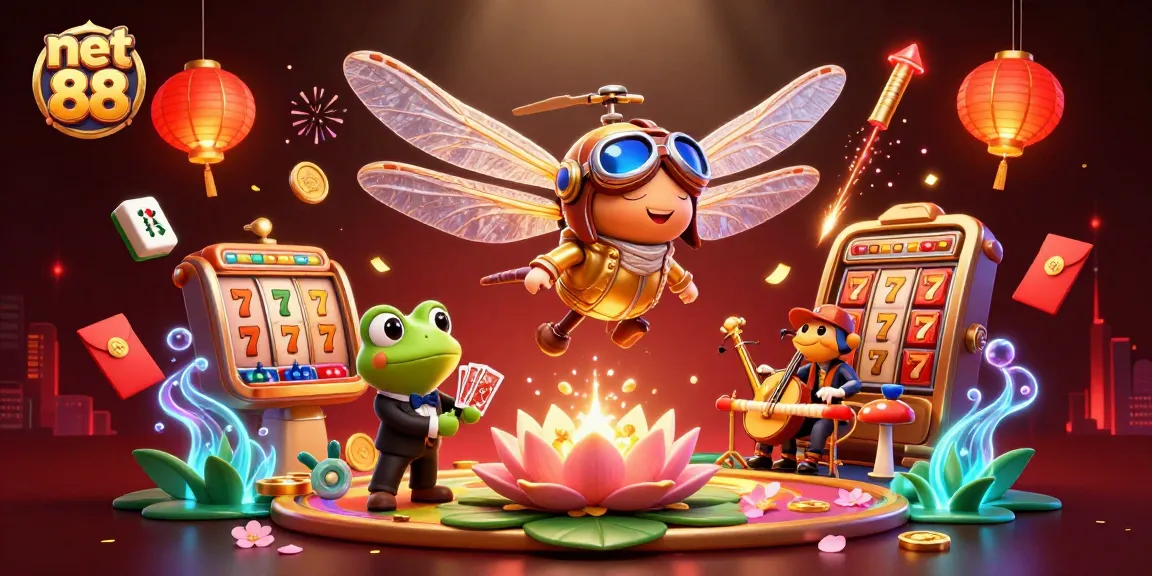 Engage with net 88 in a vibrant 3D casino scene featuring a helicopter pilot dragonfly and dynamic gaming elements.