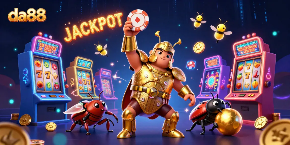 Play slots and win with da88 at this vibrant casino-themed scene featuring cartoon characters