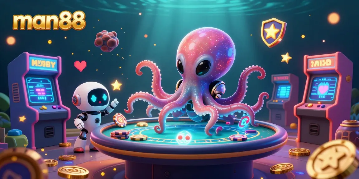 Engage with man88 by challenging the alien octopus at the holographic poker table amidst vibrant gaming elements.