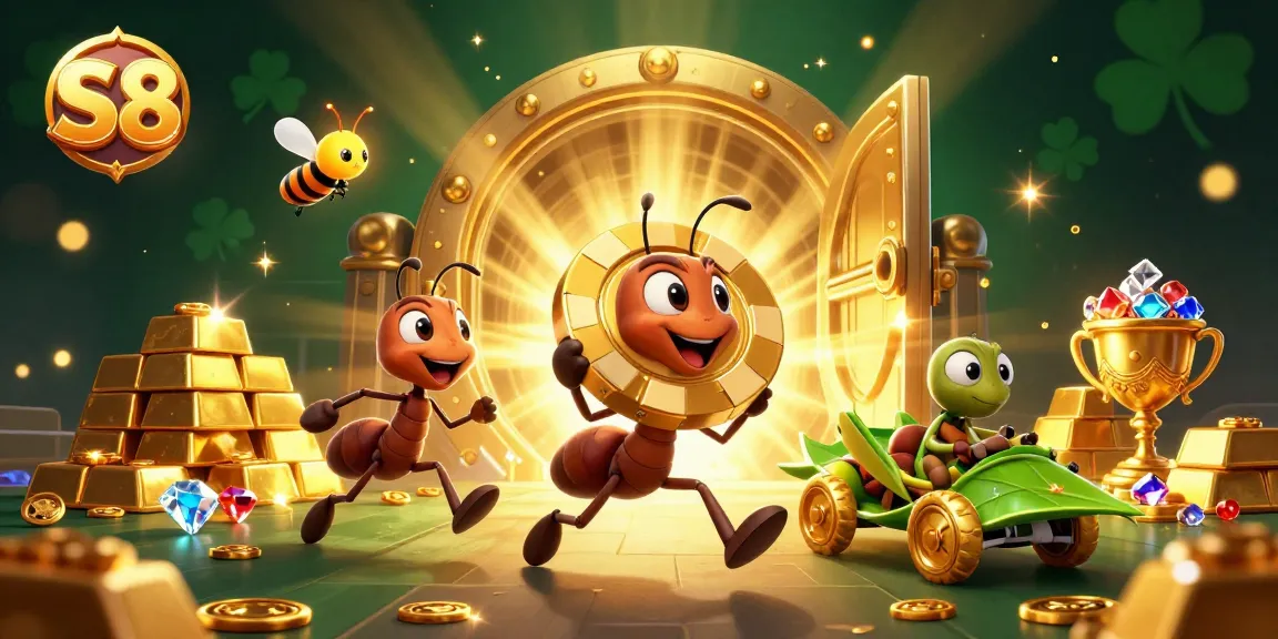S8 casino heist scene with ants and golden poker chip, showcasing vibrant gambling elements.