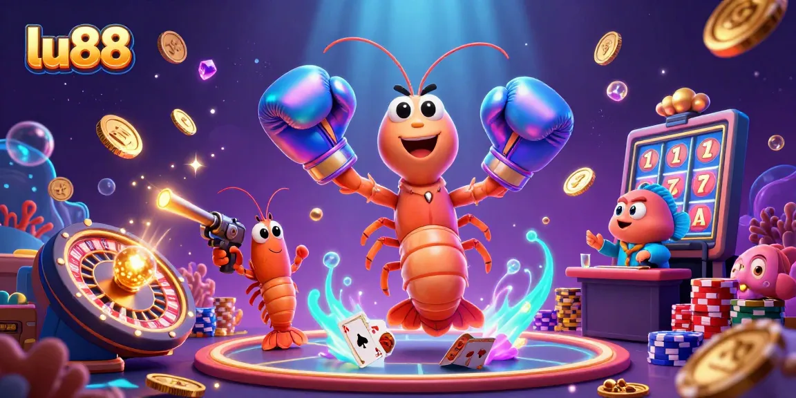 Engage with lu88's vibrant 3D casino scene featuring a mantis shrimp champion amidst thrilling games and winning moments.