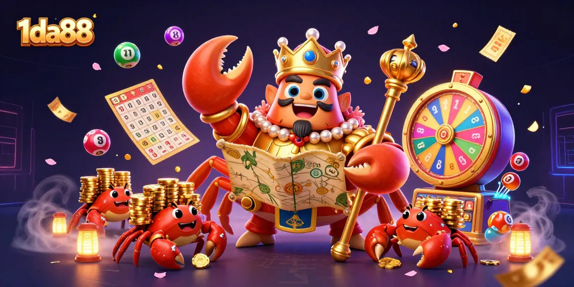 Engage with the vibrant world of 1da88, where a golden crab emperor rules over a lively casino scene.