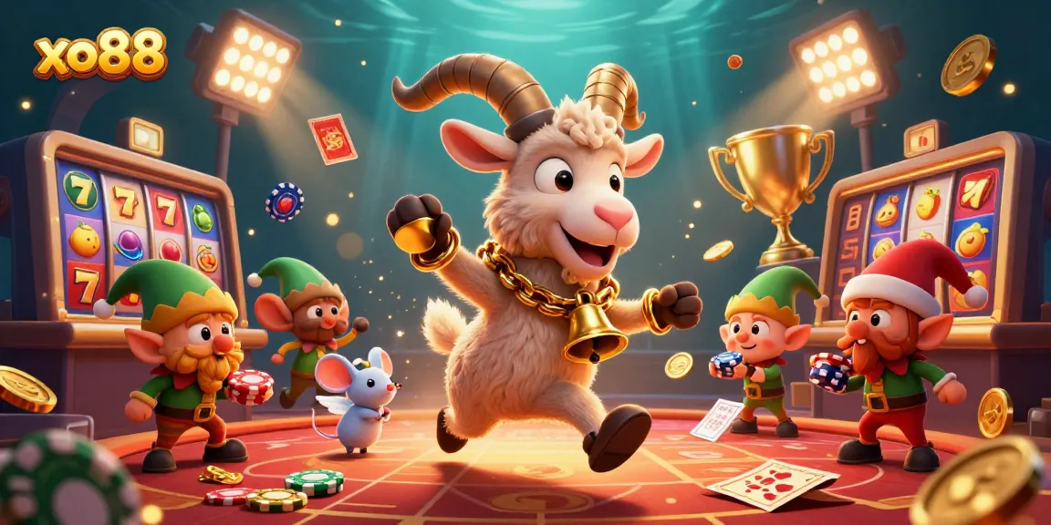 Engage in thrilling gameplay at xo88 with a chaotic casino scene featuring Krampus and dynamic elements.
