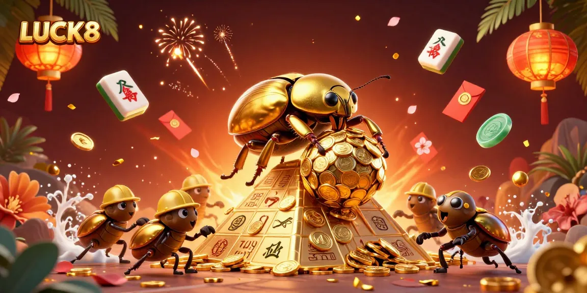 Experience the excitement of LUCK8 with vibrant casino elements and a golden beetle adventure.