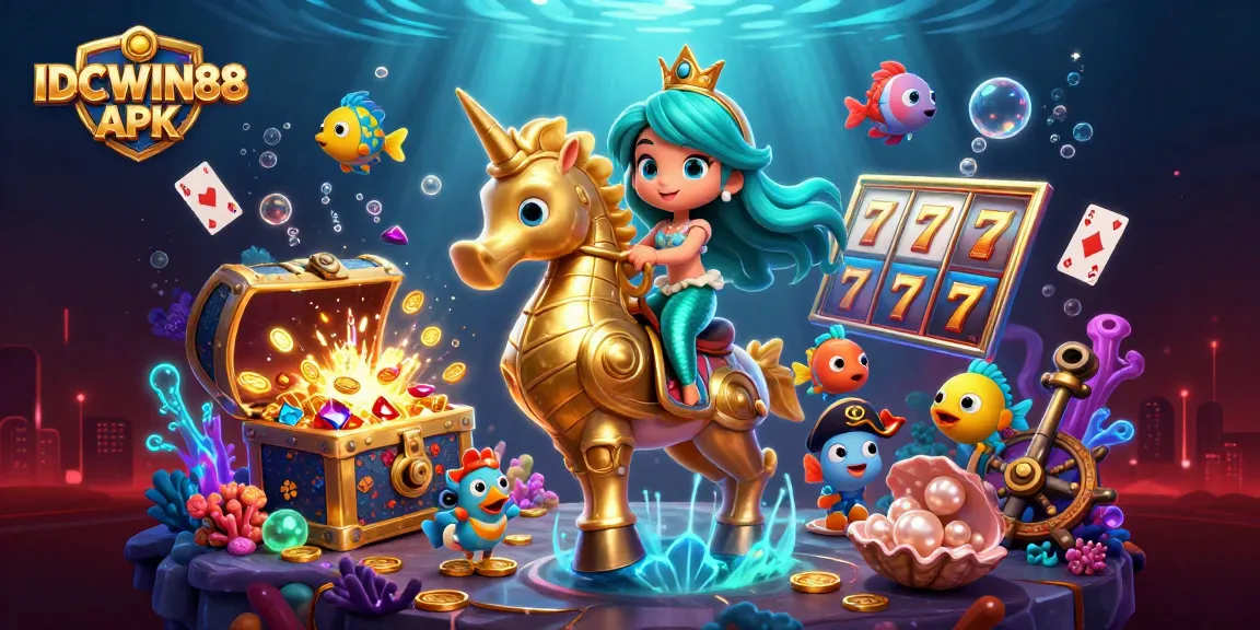 Experience the excitement of online gaming with IDCWIN88 APK, featuring rich slot elements and an enchanting underwater scene.