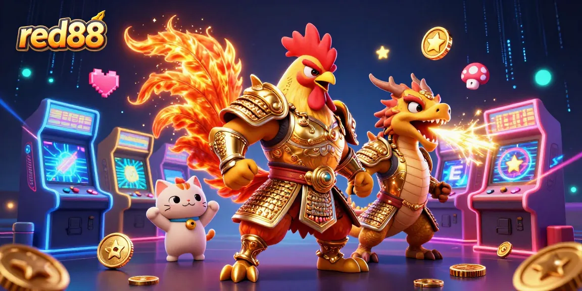 Experience lively gaming action with red88 featuring armored characters and vibrant casino elements.
