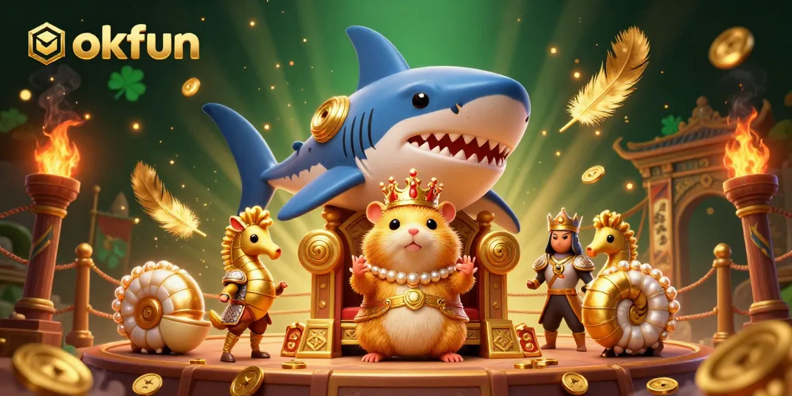 Experience exciting gaming action with okfun in a vibrant 3D illustration featuring a fierce golden hamster king and his royal guardians.
