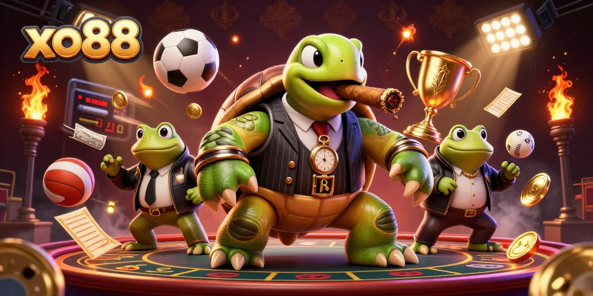 Spin to win at xo88 with a fun cartoon scene featuring a snapping turtle and bullfrog enforcers.