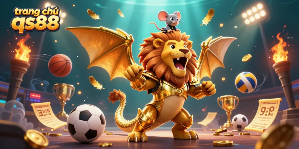 Experience the excitement of trang chủ qs88 with an energetic 3D scene of a chimera, sports elements, and vibrant details.