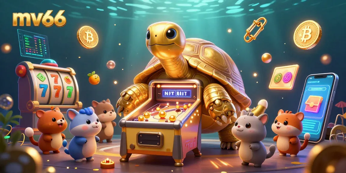Experience thrilling wins at mv66 with a golden tortoise game machine surrounded by vibrant slot elements.