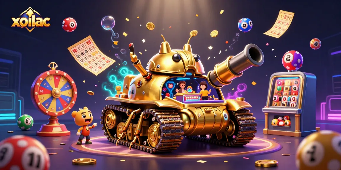 Xoilac offers a vibrant casino experience with golden casino tanks and lottery balls in a lively scene.