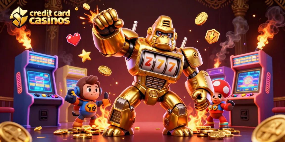 Engaging scene of credit card casinos featuring a mech gorilla and vibrant arcade elements.