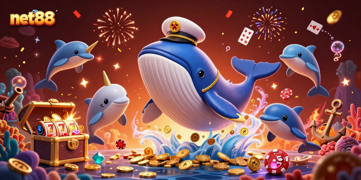 Join the fun at net88 with a vibrant 3D casino illustration featuring a whale, narwhal, and dolphins